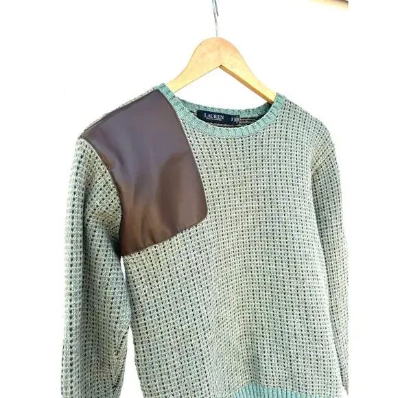 Ralph Lauren Wool Knit Sweater Faux Leather Green Brown Jumper Small Equestrian - Picture 6 of 8